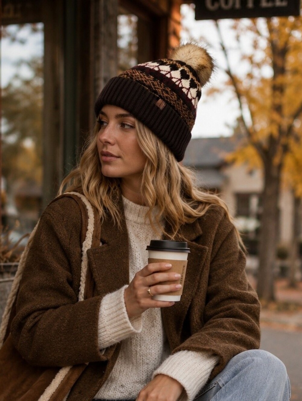 $58 FRYE Fair Isle Cuff Beanie with Pom Cream Brown Fall Winter Hat One Size